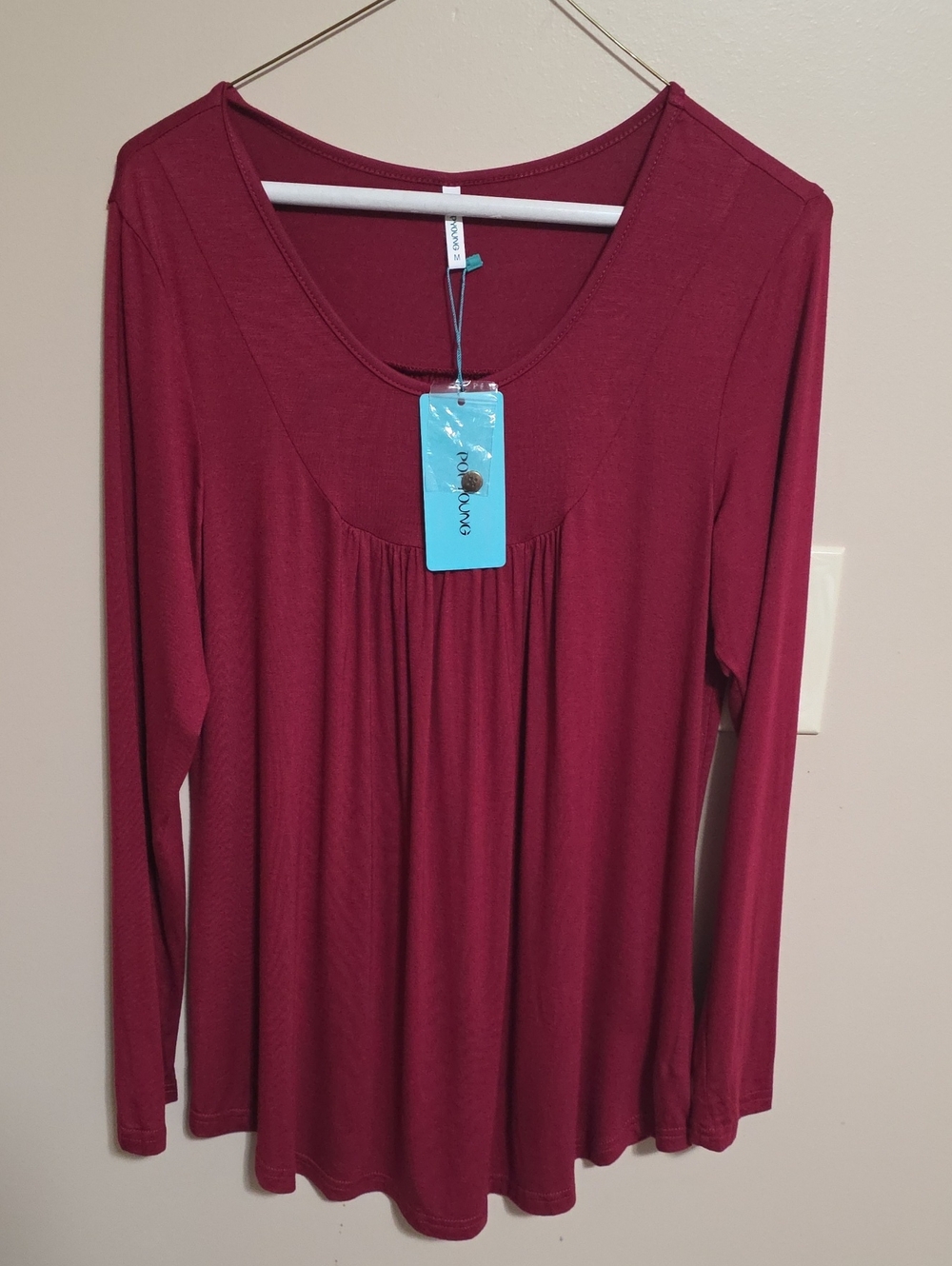 Popyoung Women's Long Sleeve Scoop Neck Blouse in Wine